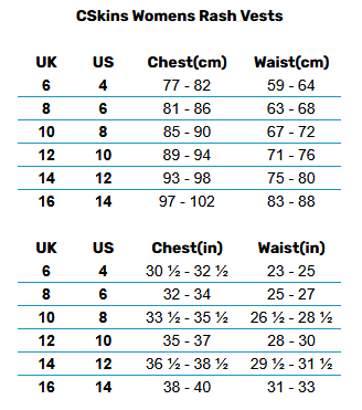 2025 CSkins Womens Rash Vests 0 Guida alle taglie